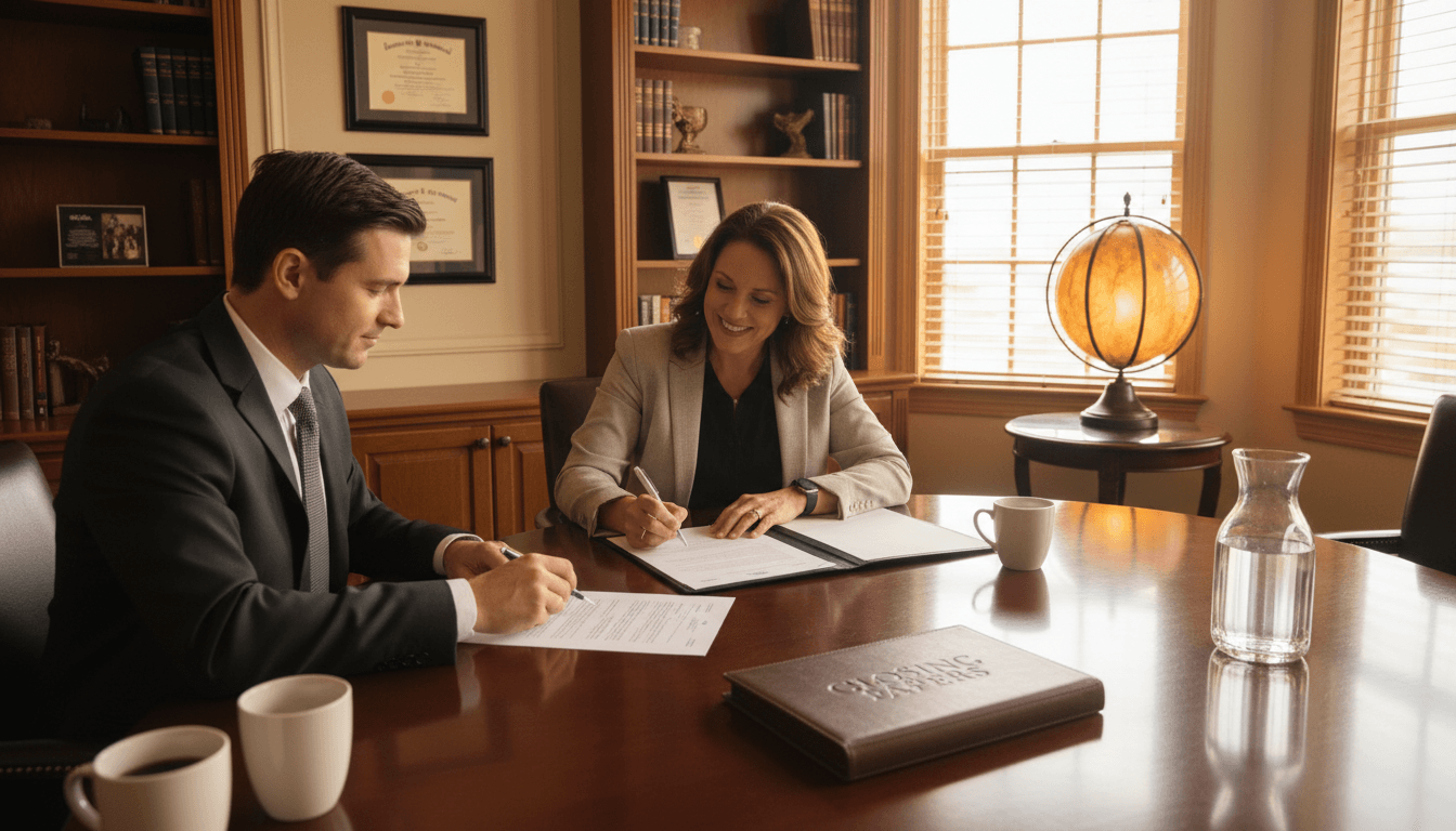 Homeowner reviewing and signing property sale documents with real estate professional