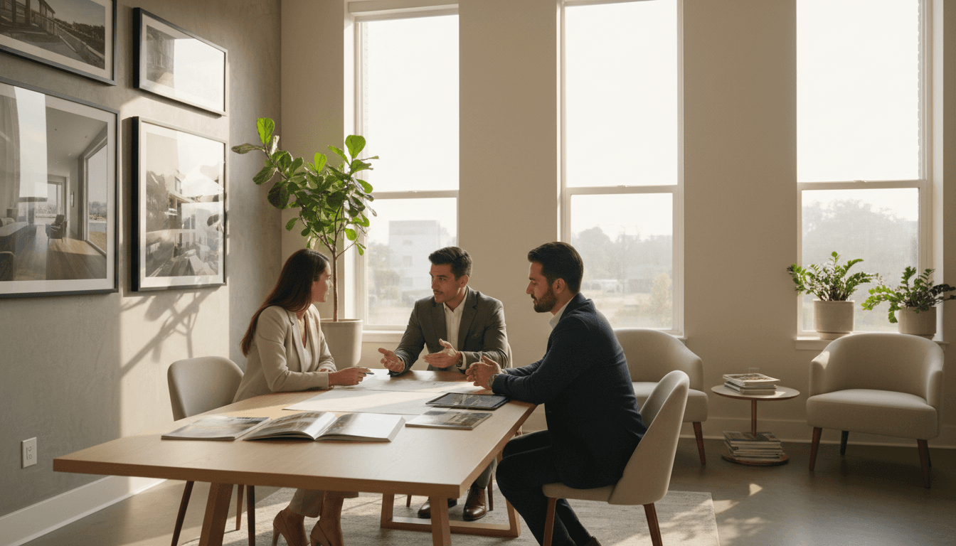 Real estate professional consulting with homeowner about property sale options