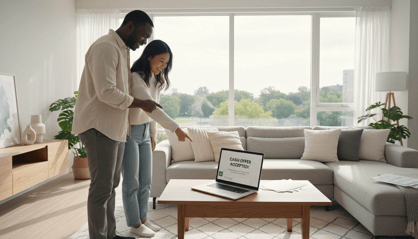 Homeowner receiving cash offer in professional office