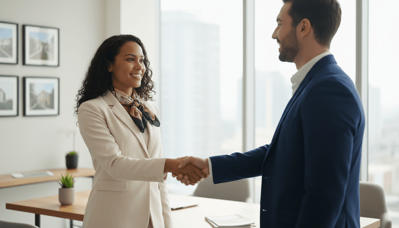 Homeowner confidently shaking hands with real estate broker after agreeing to sell house fast